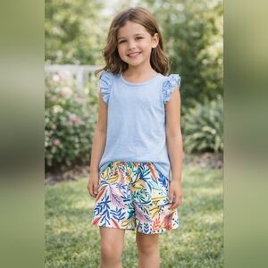 Girls 2PC Outfit Set Blue Ruffle Sleeve Top & Floral Shorts Size 5-6 (120) NWT